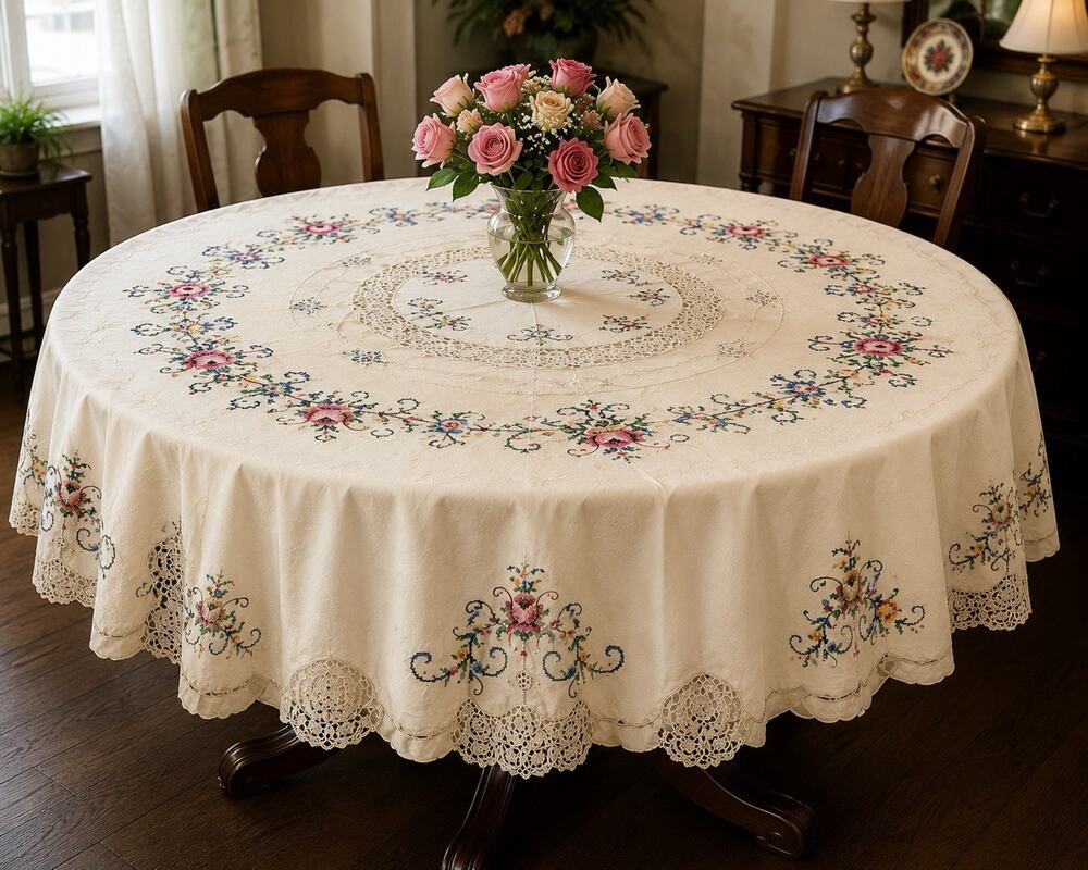 Vintage 66” Round Hand Embroidered Floral Tablecloth Crochet Lace Scalloped